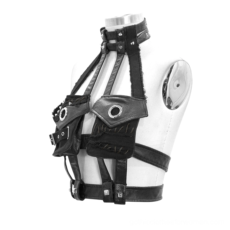 Adjustable black faux leather gothic harness on mannequin left front view highlighting buckle fasteners and fit system