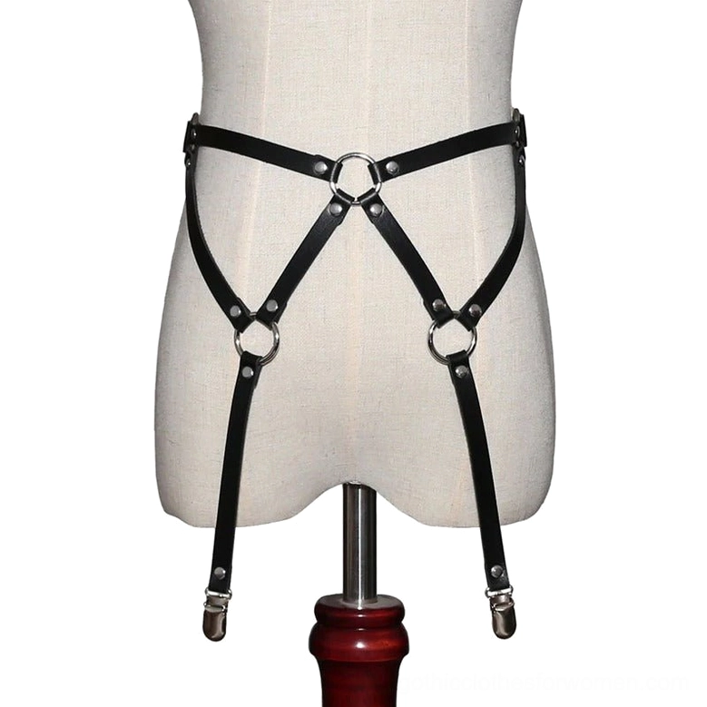 Gothic body harness displayed on dress form mannequin, full front view showing adjustable straps and silver cross hardware