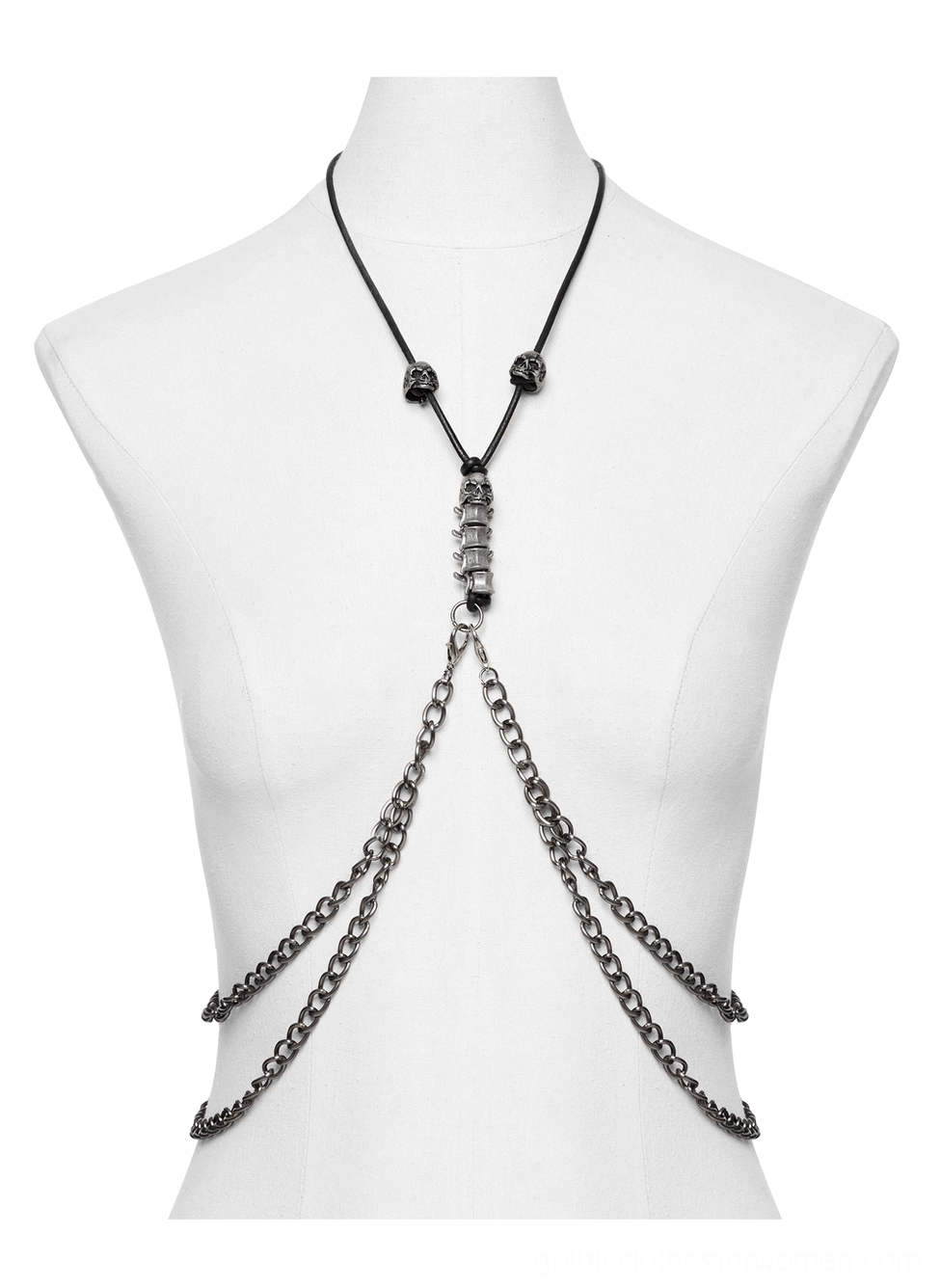 Silver chain body harness with skull beads on display mannequin front view, black neck cord clasp detail