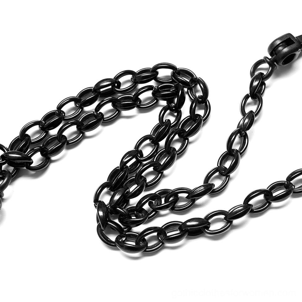 Matte black metal chain detail close-up photograph showing thick oval link design and solid metal construction used for gothic harness decoration