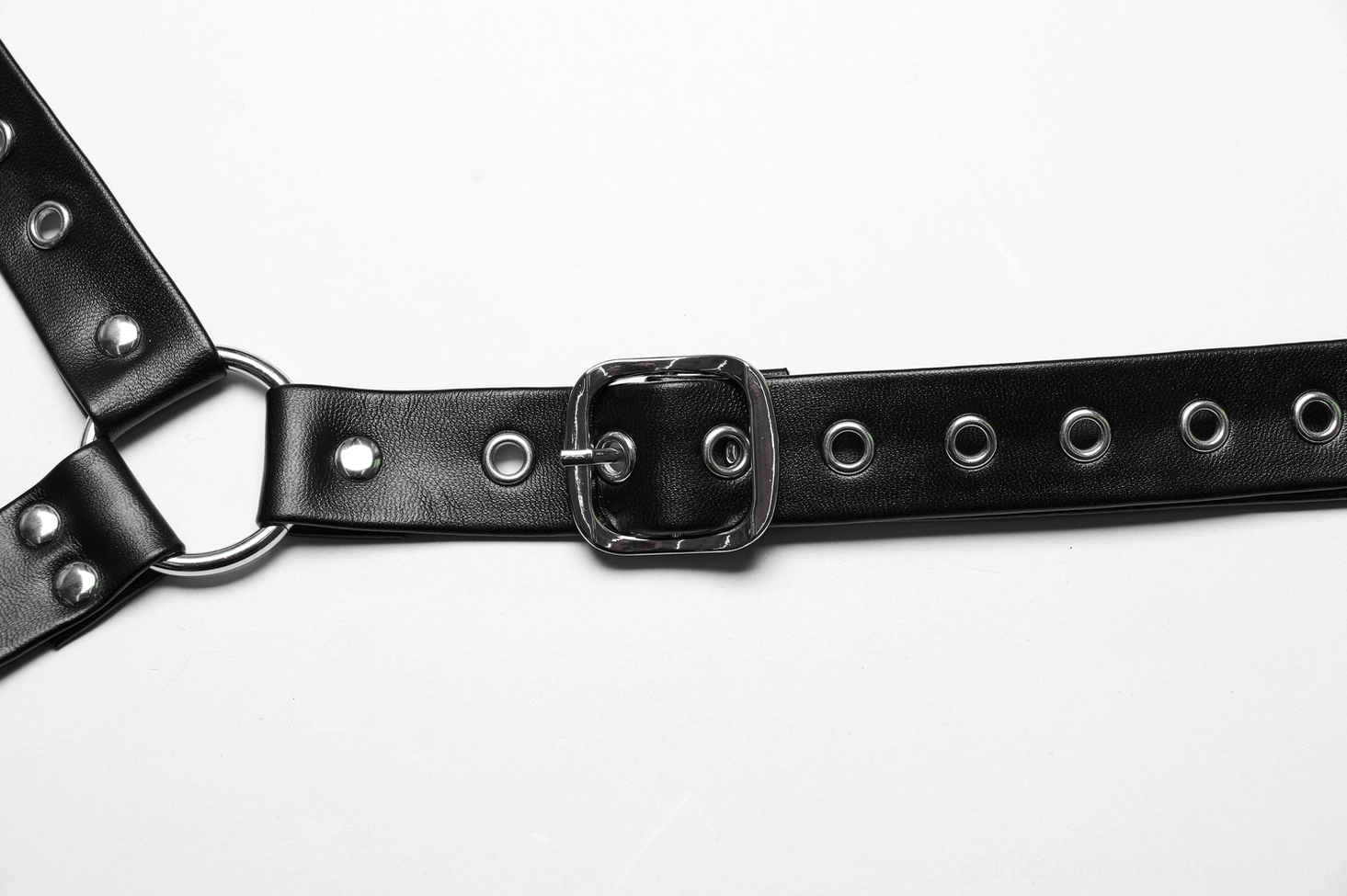 Gothic body harness with choker showing silver metal hardware, D-rings, and adjustable fit system detail