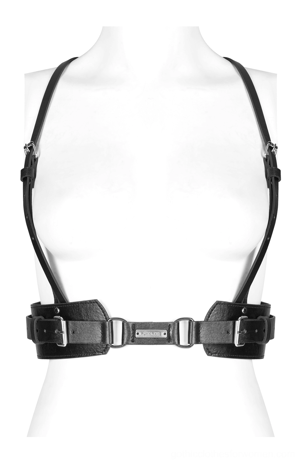 Black gothic body harness front detail view, metal nameplate lettering and dual waist buckles, punk harness closeup