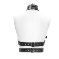 Miniature gothic choker waist belt harness displayed on small mannequin showing faux leather strap construction and proportions