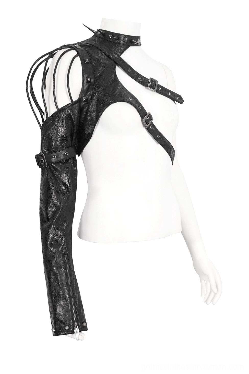 Black gothic one-shoulder harness front oblique angle with asymmetrical cross-body straps and buckle hardware