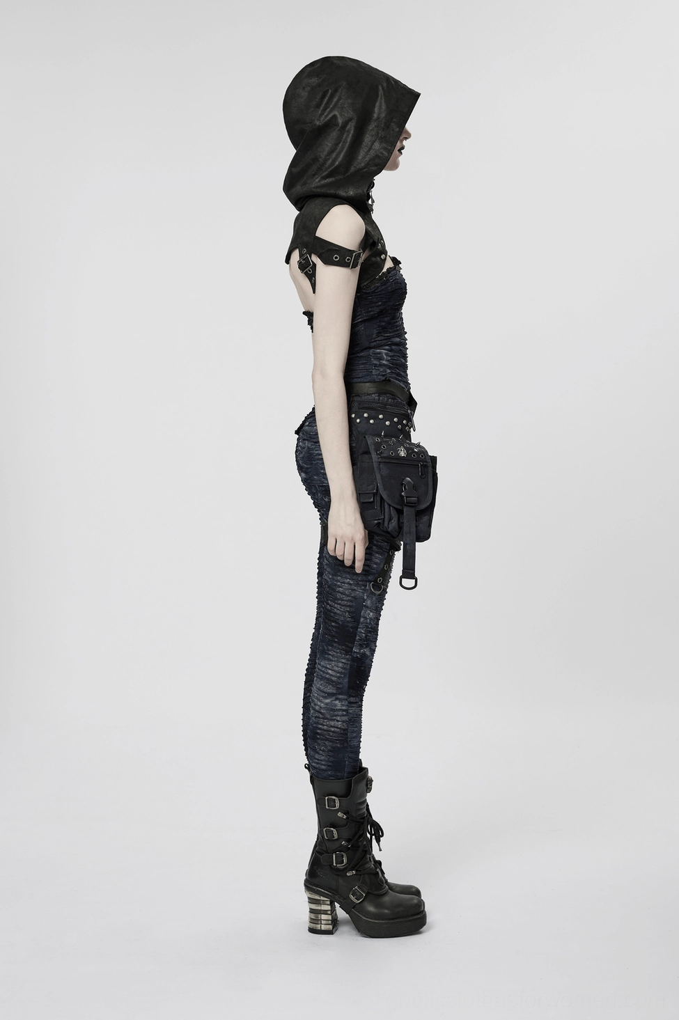 Black gothic hooded harness vest showcasing punk rebellion aesthetic with industrial metal rivets and pendant