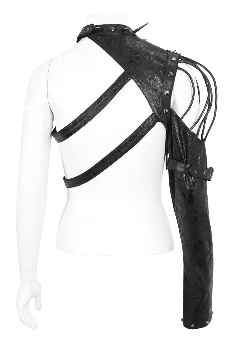 Single-sleeve gothic harness mannequin rear view showing slitted shoulder cutouts and cracked leather texture
