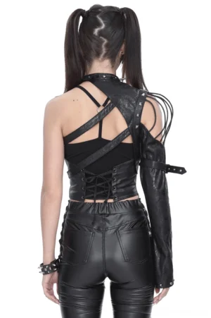 Gothic buckled shoulder harness rear view showing cracked leather and intricate back strap design