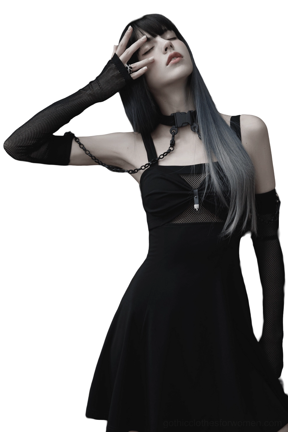 Gothic fishnet harness choker and arm sleeves styled elegantly on model paired with black slip dress, side three-quarter angle demonstrating styling versatility