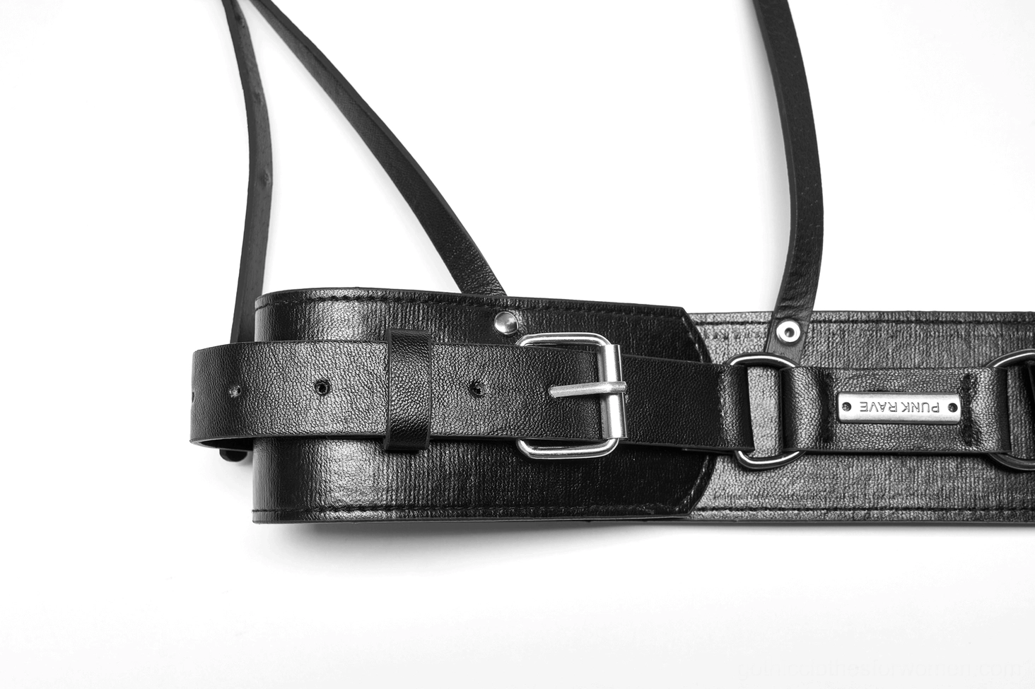 Black body harness side close-up detail, metal pin buckles and PU leather quality, gothic punk harness construction