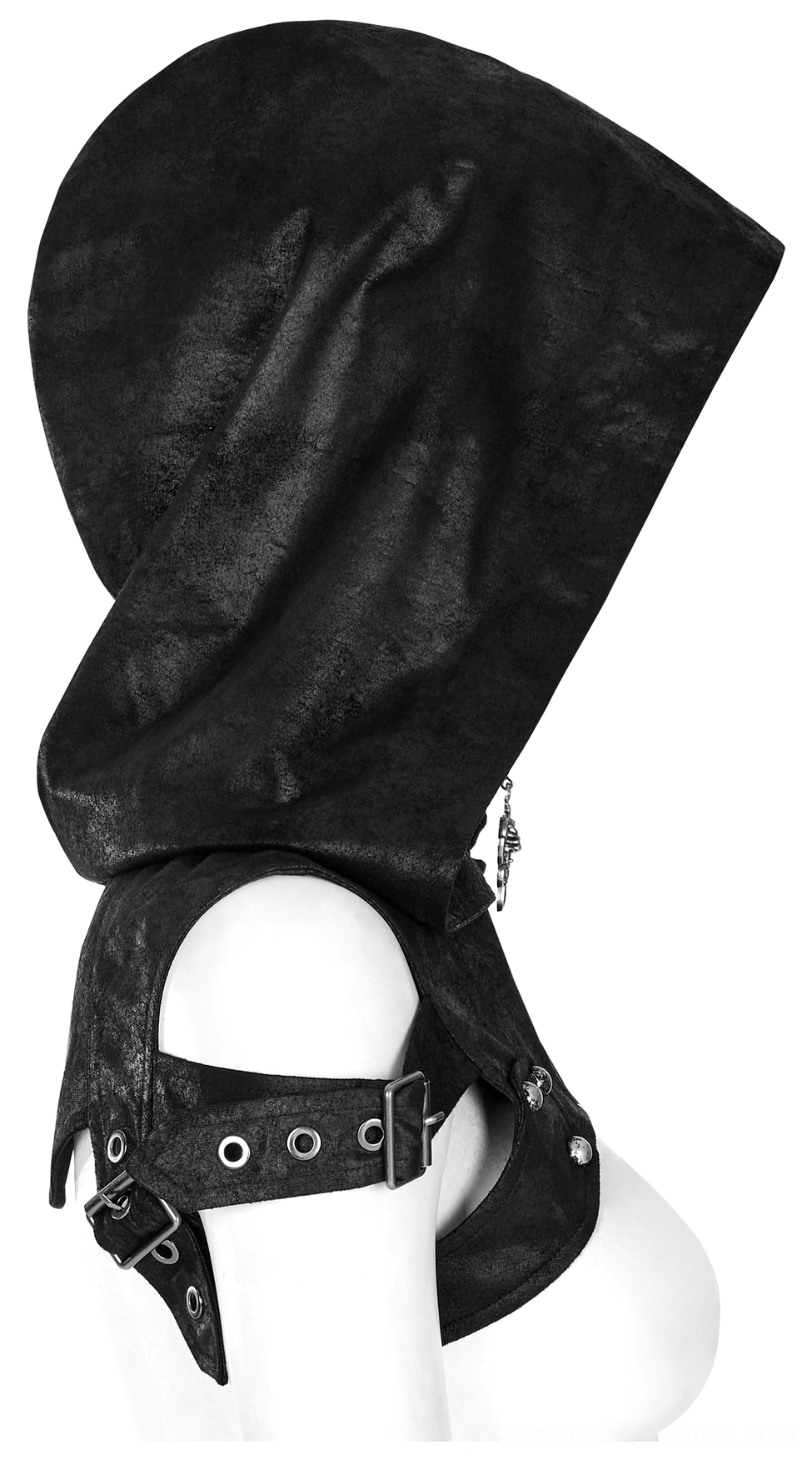 Side profile view of gothic faux leather harness showing single shoulder strap with buckle and hanging skull charm