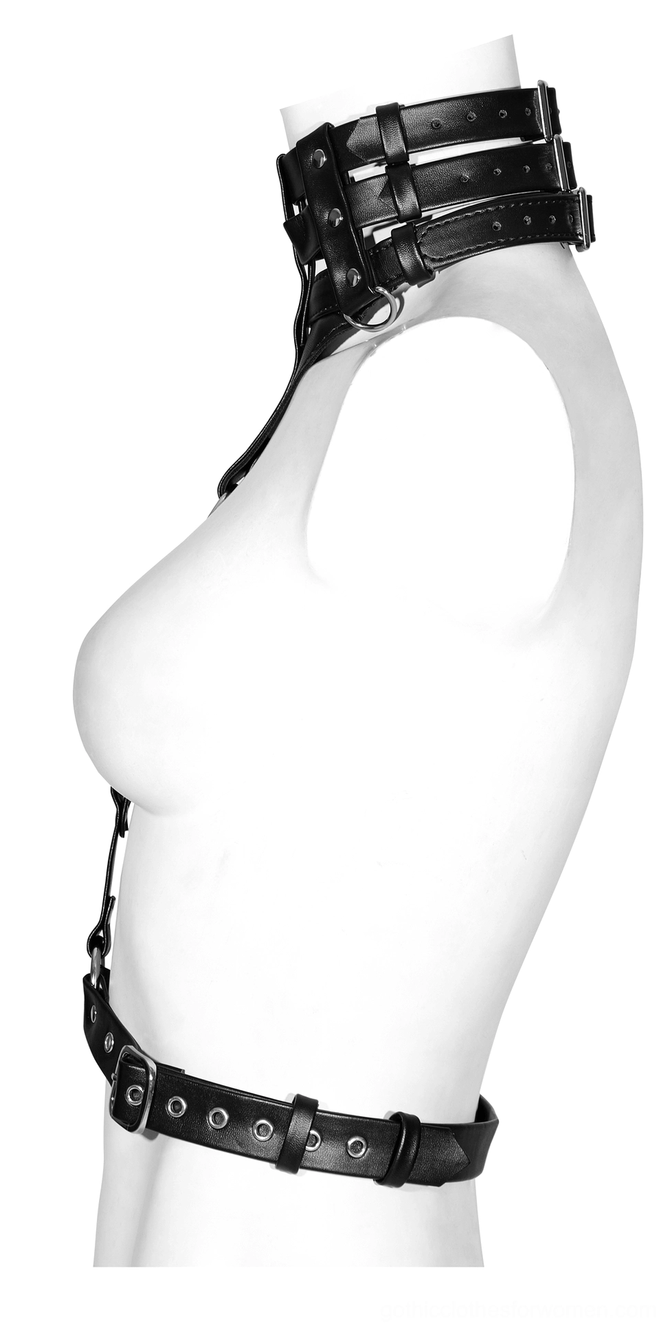 Black PU leather harness side view on mannequin displaying one-shoulder design and adjustable fastening system