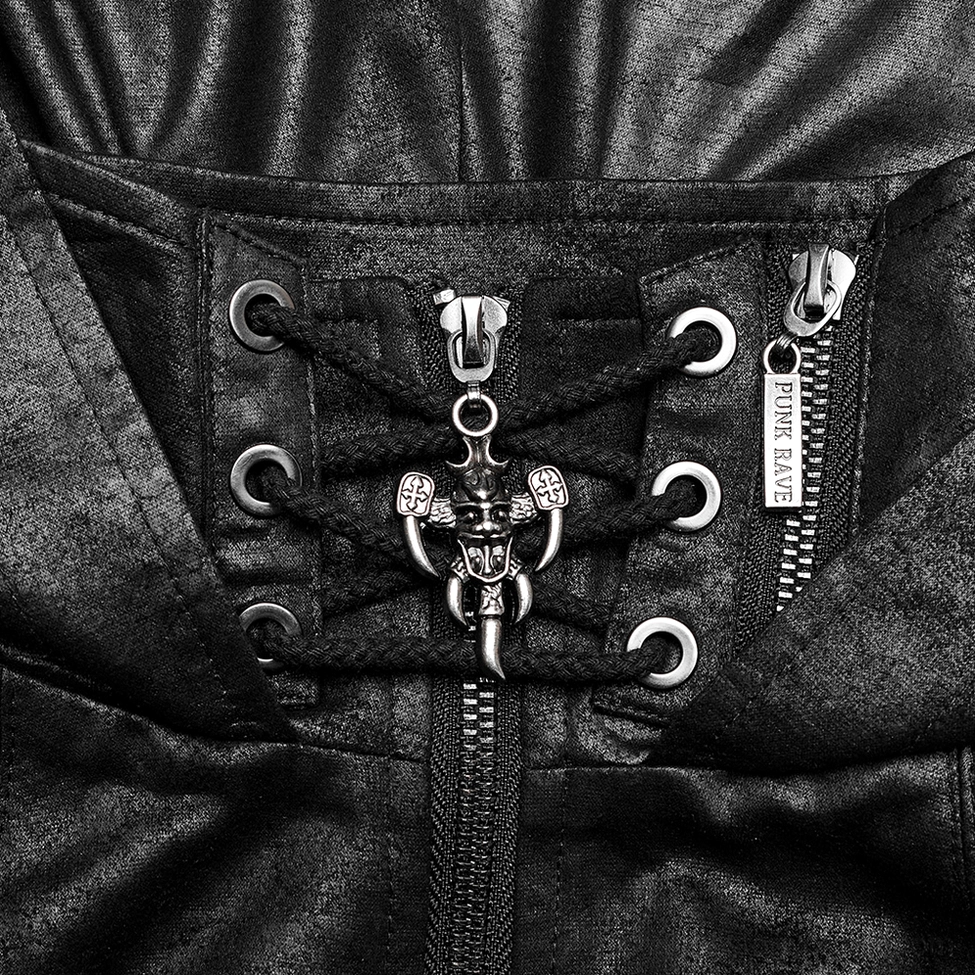 Detailed view of black gothic harness front closure showing lace-up skull pendant and dual zipper mechanism