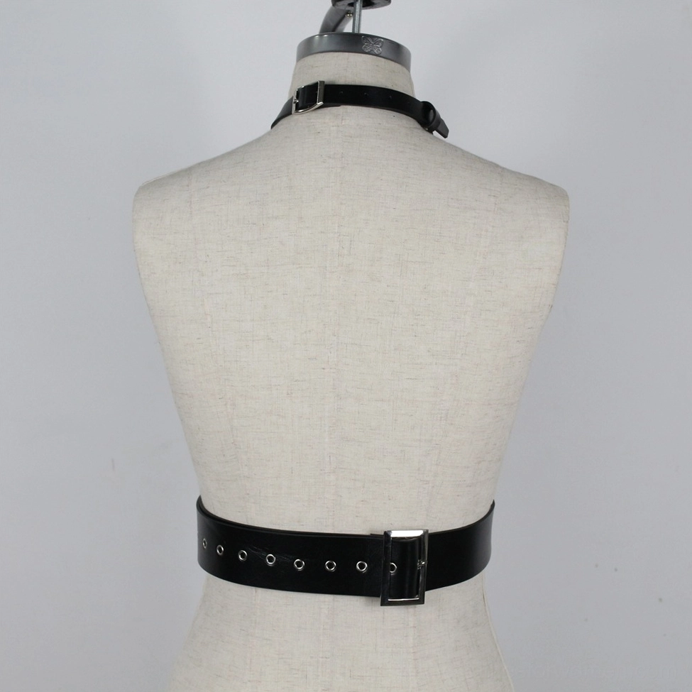 Gothic faux leather body harness structural design showing O-ring placement and geometry