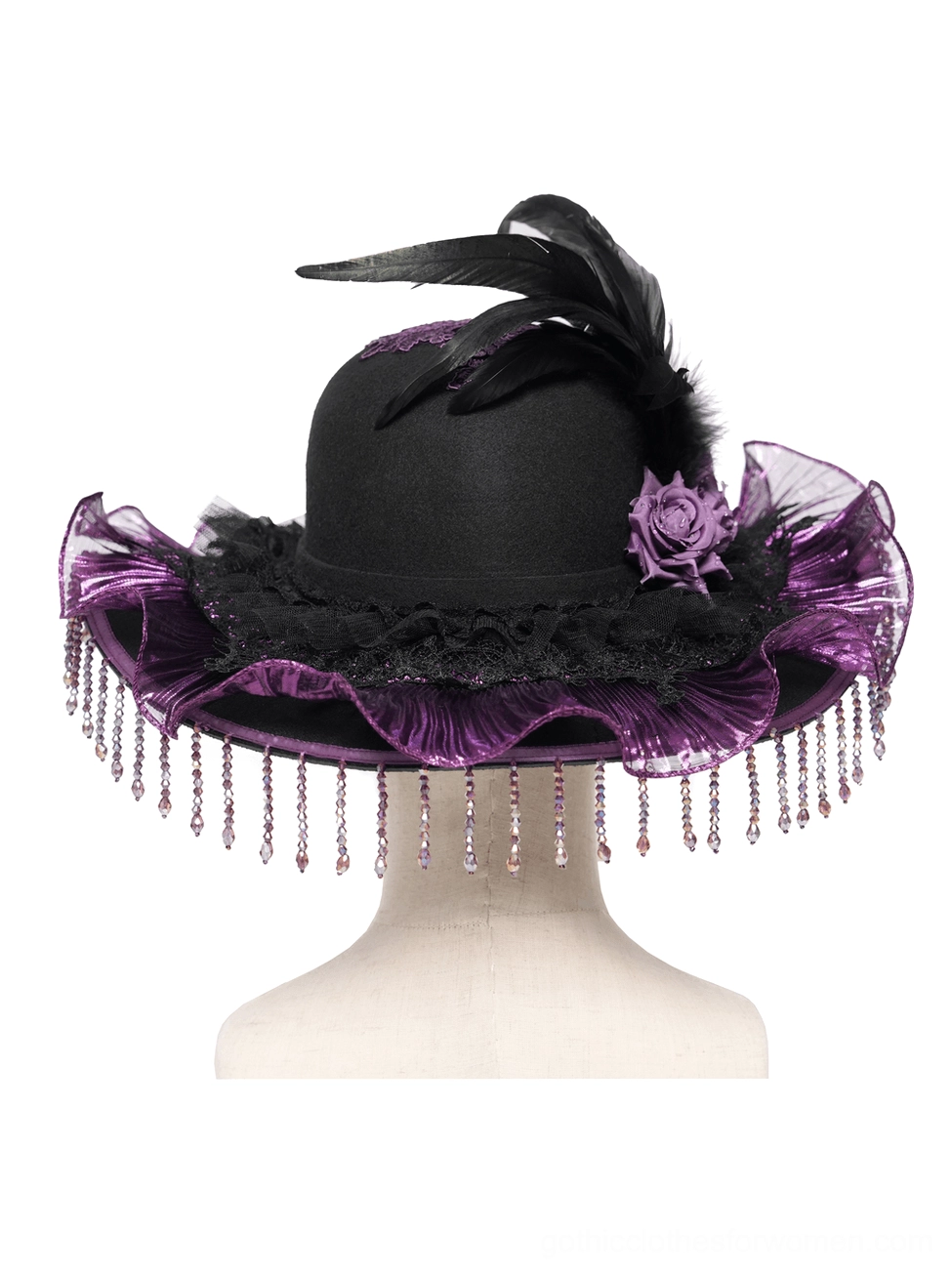 Gothic wide brim hat back detail with fabric rose feather and complete fringe trim