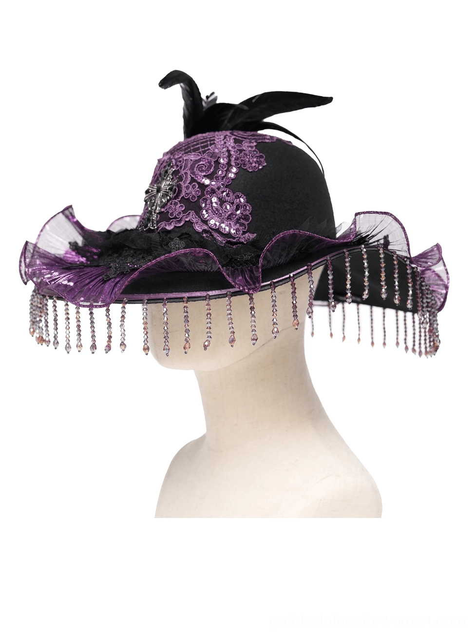 Gothic hat back view displaying purple ruffled edge and beaded fringe trim