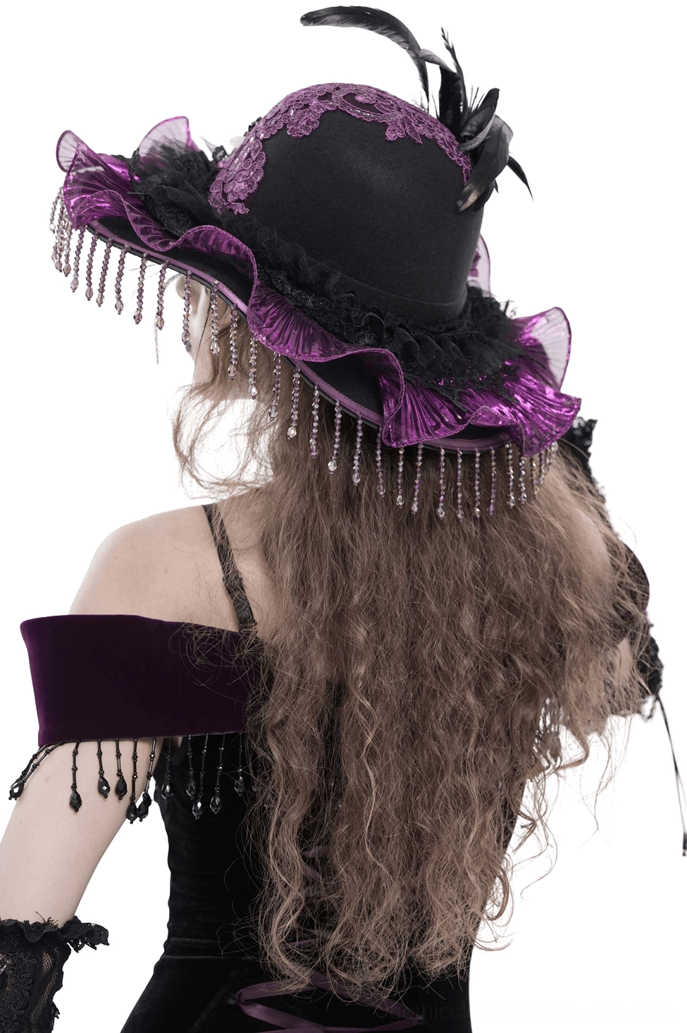 Gothic witch hat with feather plumes and ruffled brim - back view on model with long curly hair
