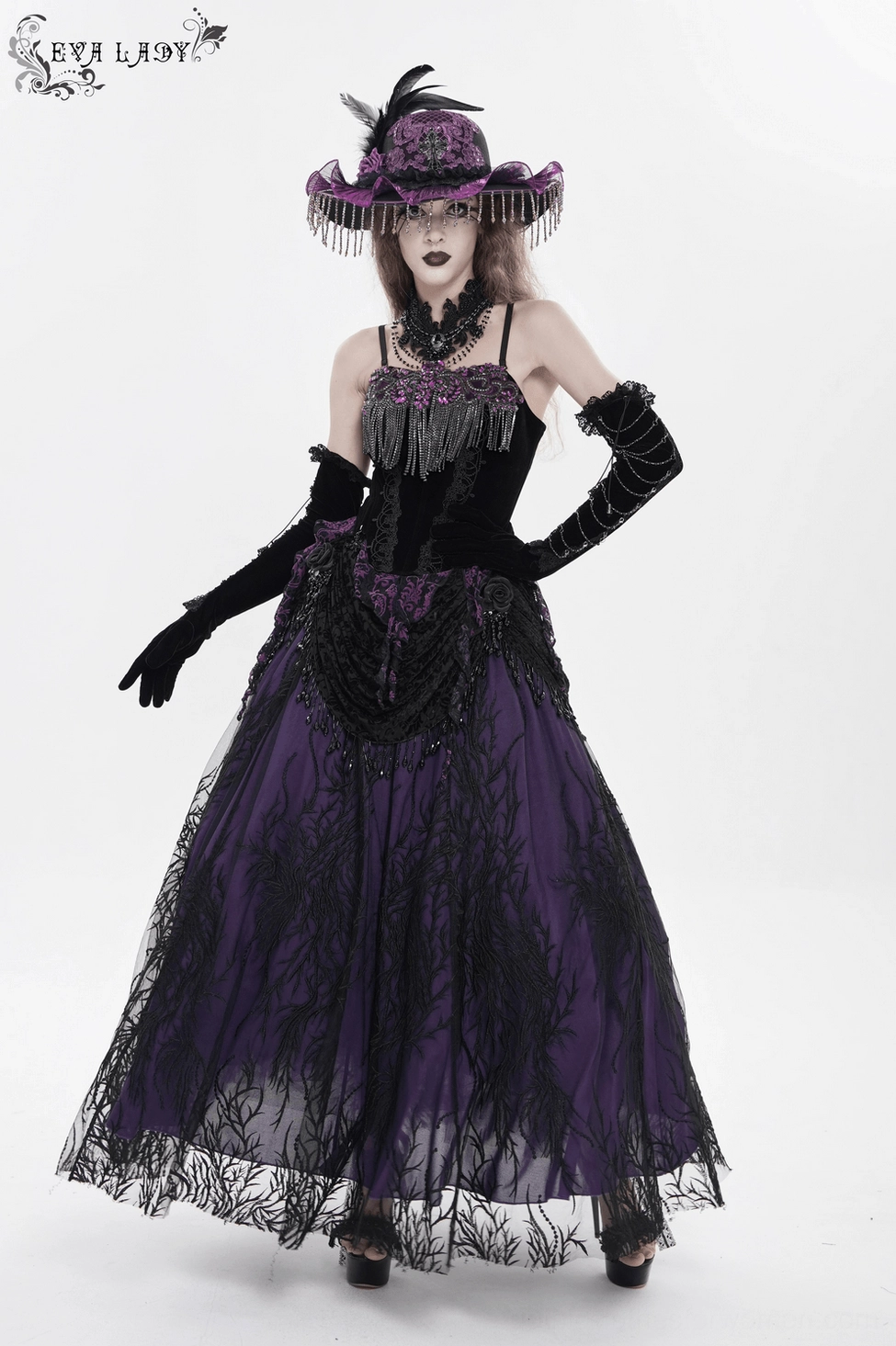 Gothic wide brim hat beaded fringe and rose accent detail close-up