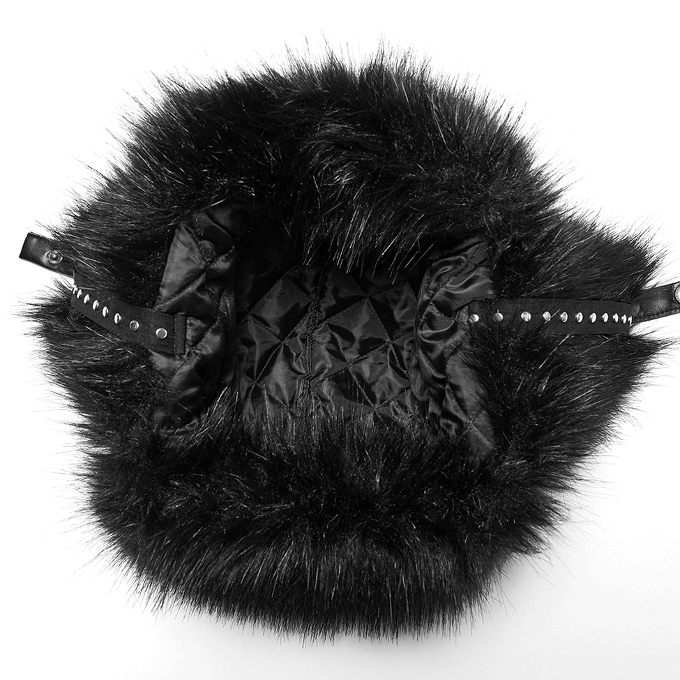 Interior top-down view of gothic trapper hat showing quilted satin lining and adjustable studded straps