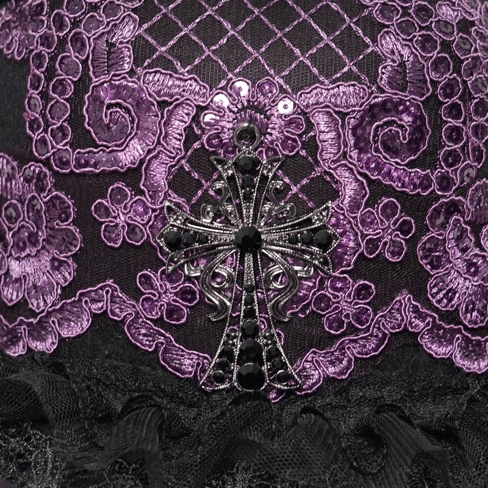 Gothic wide brim hat ornate lace and beading detail shot showing craftsmanship