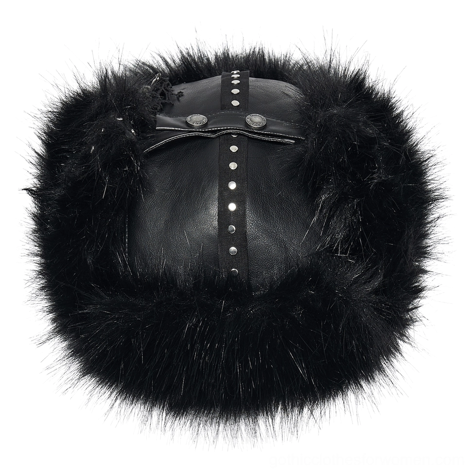 Front overhead view of black gothic trapper hat showcasing vertical metal stud trim and leather front panel