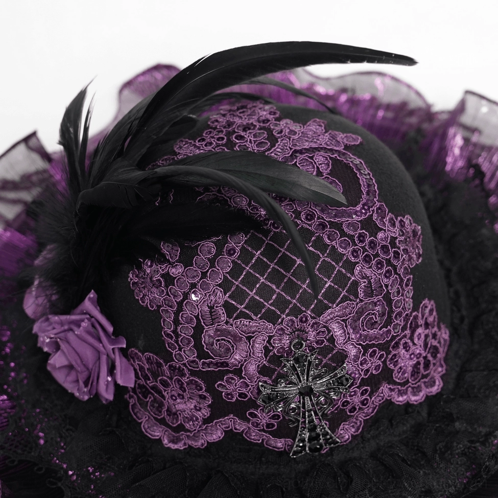Gothic hat side profile view displaying feather plumes and decorative details