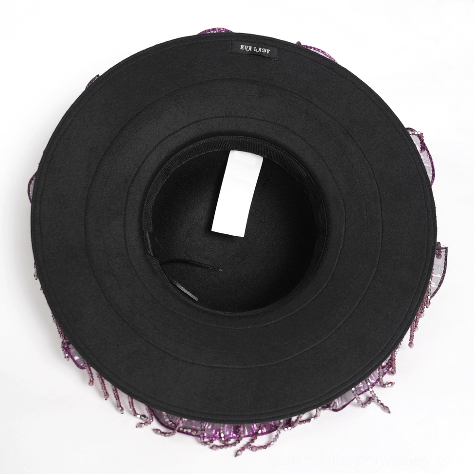 Purple gothic wide brim hat sizing and structure reference image
