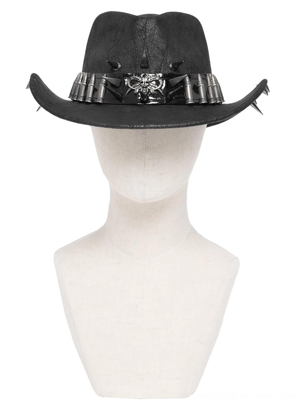 Metal spike bullet trim gothic cowboy hat front view on mannequin head showing skull emblem detail