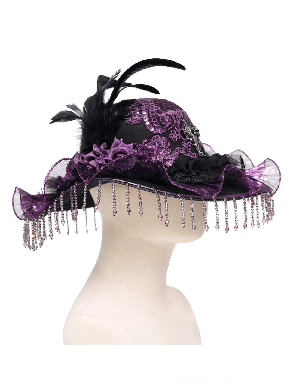 Gothic wide brim hat three-quarter view showing purple flower decoration and feather accent