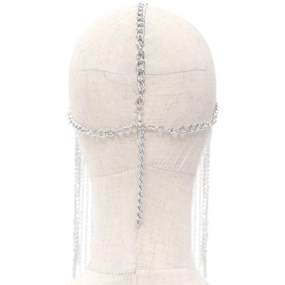 Rear view of silver chain gothic headpiece on mannequin showing back cross chain design and structural support