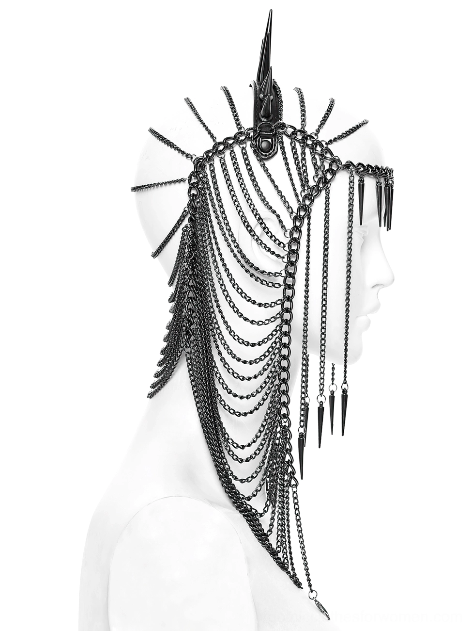 Side profile view of black spiked chain crown headpiece displaying long layered side chains and rear spiked crown design