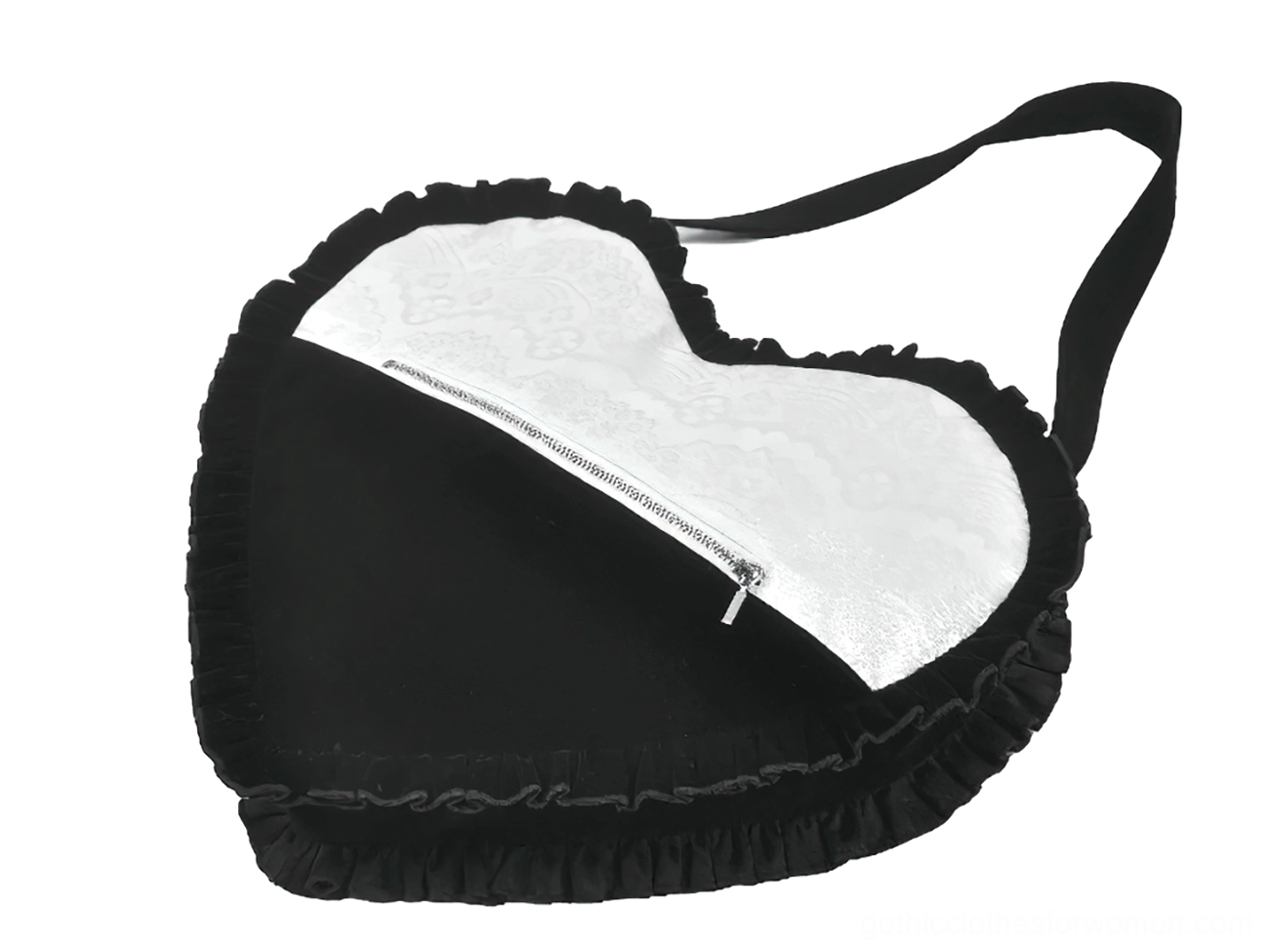 Black heart-shaped gothic lace bow crossbody bag oblique front view displaying functional zipper and lacework texture
