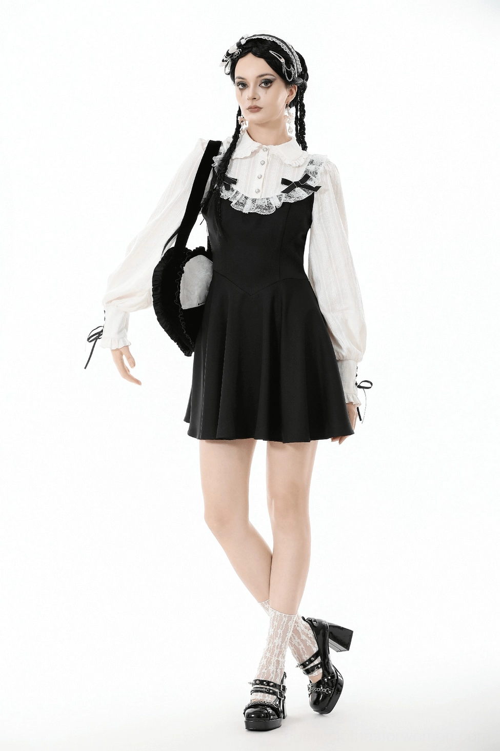 Black heart-shaped gothic lace bow bag detail showcase featuring layered lace construction and refined goth aesthetic elements