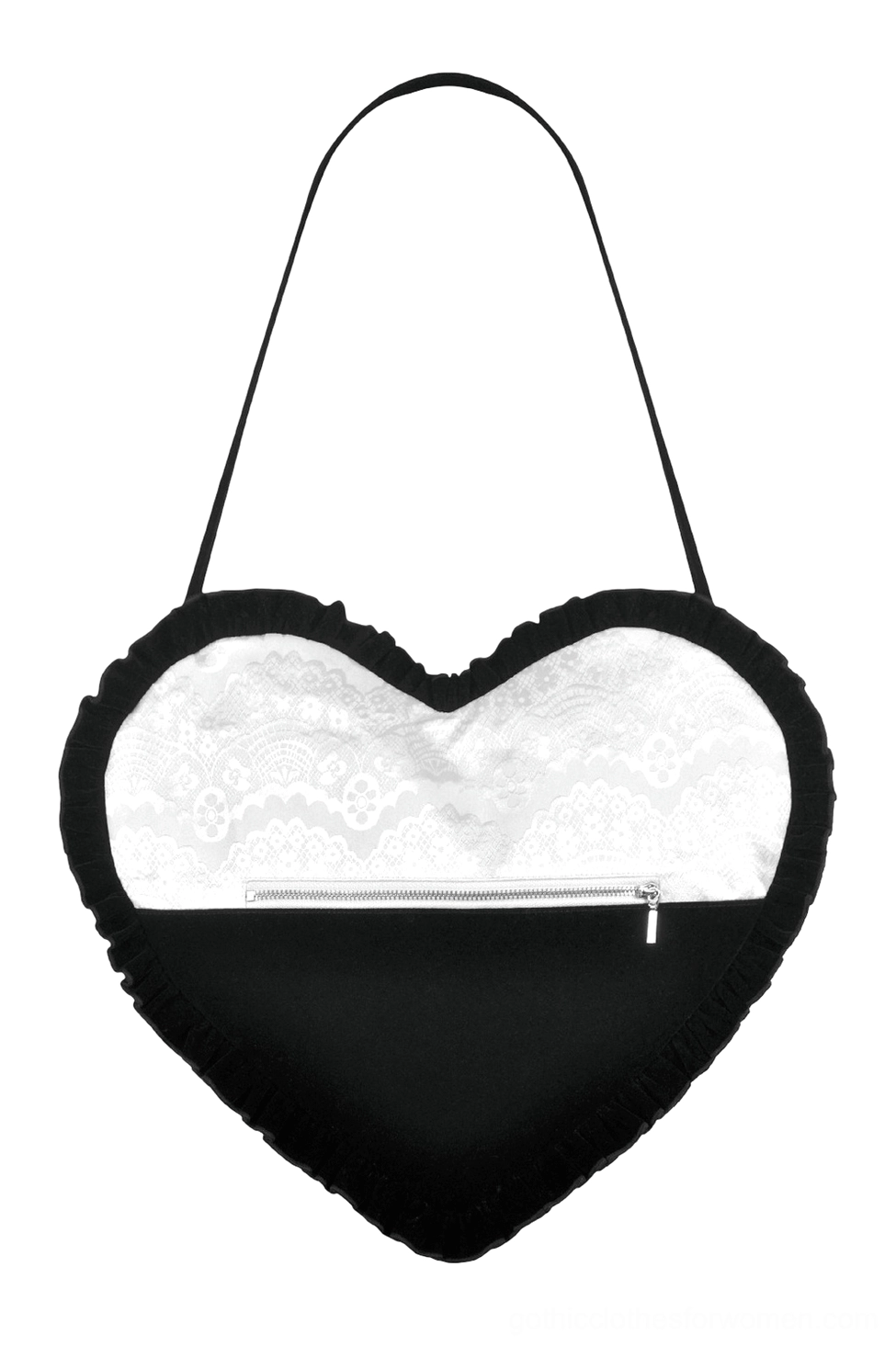Black heart-shaped gothic lace bow crossbody bag front view highlighting concealed zipper pocket on lower panel with velvet bow centerpiece