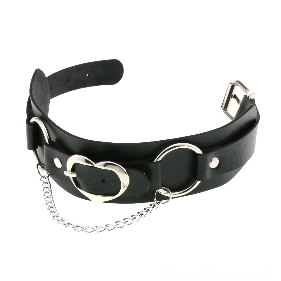 Gothic leather heart choker featuring adjustable strap, silver heart pendant and decorative chain
