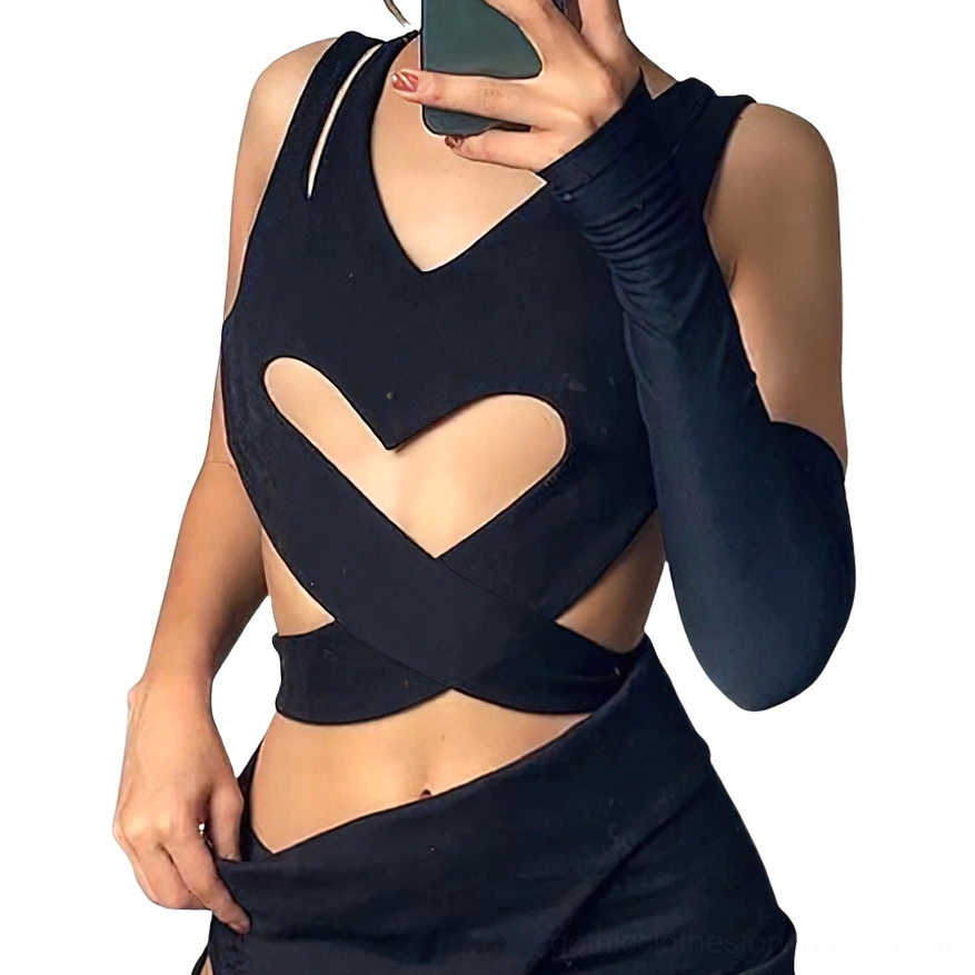 Black gothic heart cutout crop tank top with single long sleeve and cross wrap waist detail - front close-up view