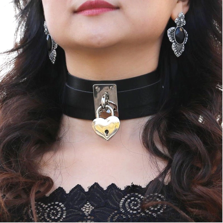 Multiple color variants of gothic heart lock chokers displayed together - full color palette