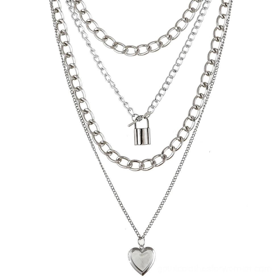 Single layered lock and heart pendant necklace flat lay, overhead angled view on white background, gothic jewelry close-up