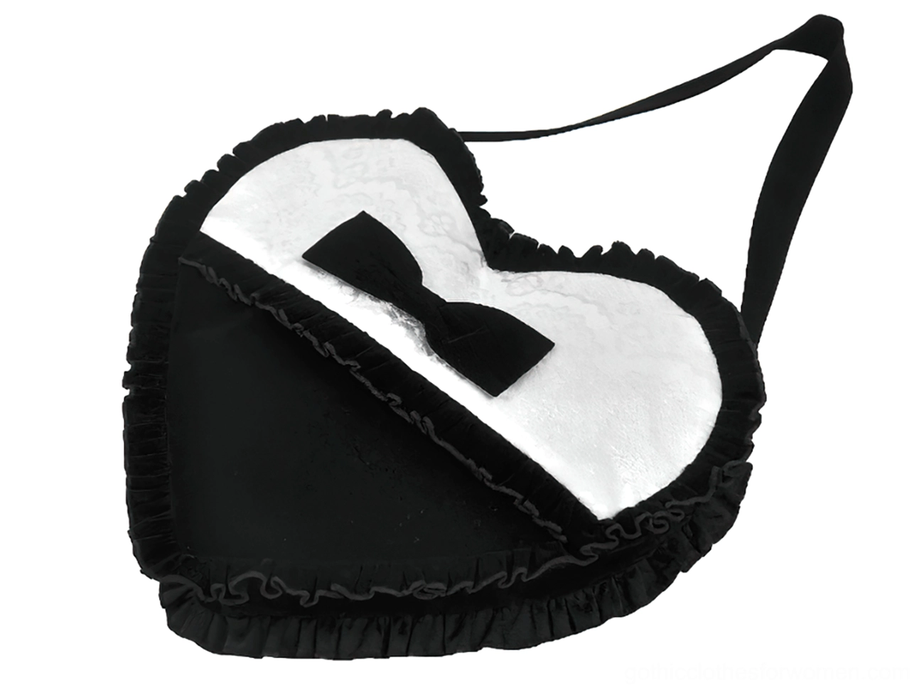 Heart-shaped gothic crossbody bag oblique side view showing zipper pocket and delicate ruffled lace trim edge details