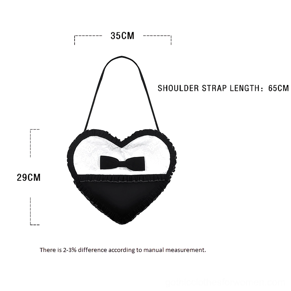 Heart-shaped gothic crossbody bag product dimensions display showing width height and shoulder strap length measurements