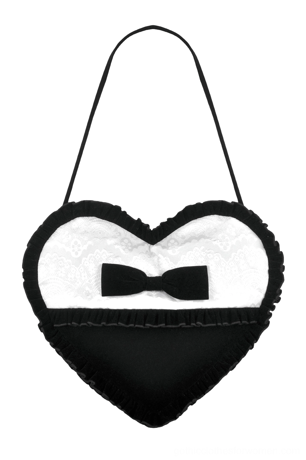 Black heart-shaped gothic lace bow crossbody bag front flat lay view showing black velvet exterior with intricate jacquard lace overlay and central velvet bow detail