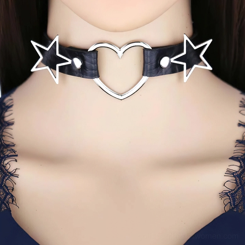 Black PU leather heart and star choker necklace worn on female model with lace top background, showing front close-up detail of silver heart pendant and hollow star accents