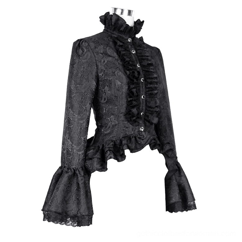 Black gothic lace blouse on mannequin featuring ruffled high collar and jacquard lace fabrication