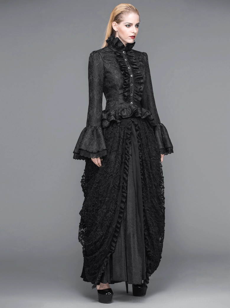 Gothic high collar ruffle blouse worn by blonde model with clasped hands, showcasing front ruffled design
