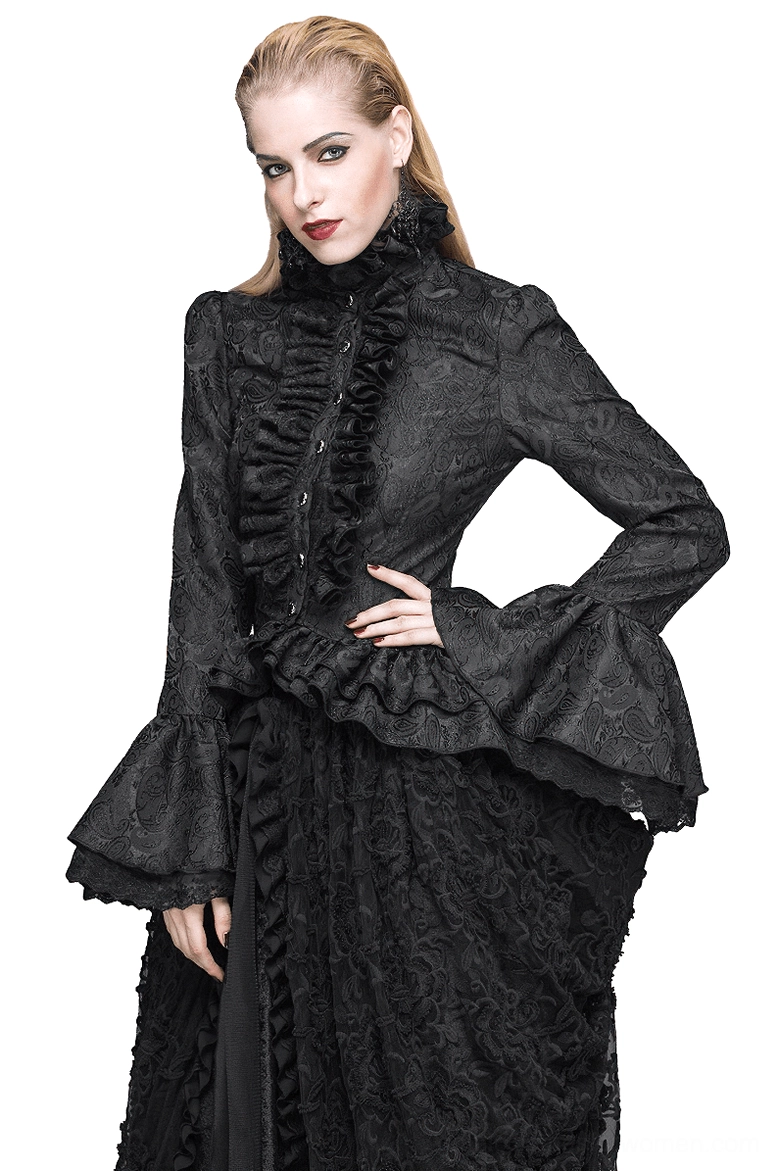 Black gothic high collar ruffle blouse with flared lace sleeves, front three-quarter view on blonde model