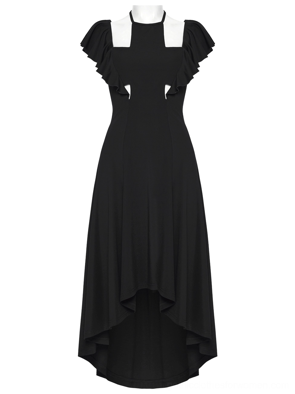 Black gothic high-low dress with asymmetrical hem and layered ruffle sleeves - front mannequin view