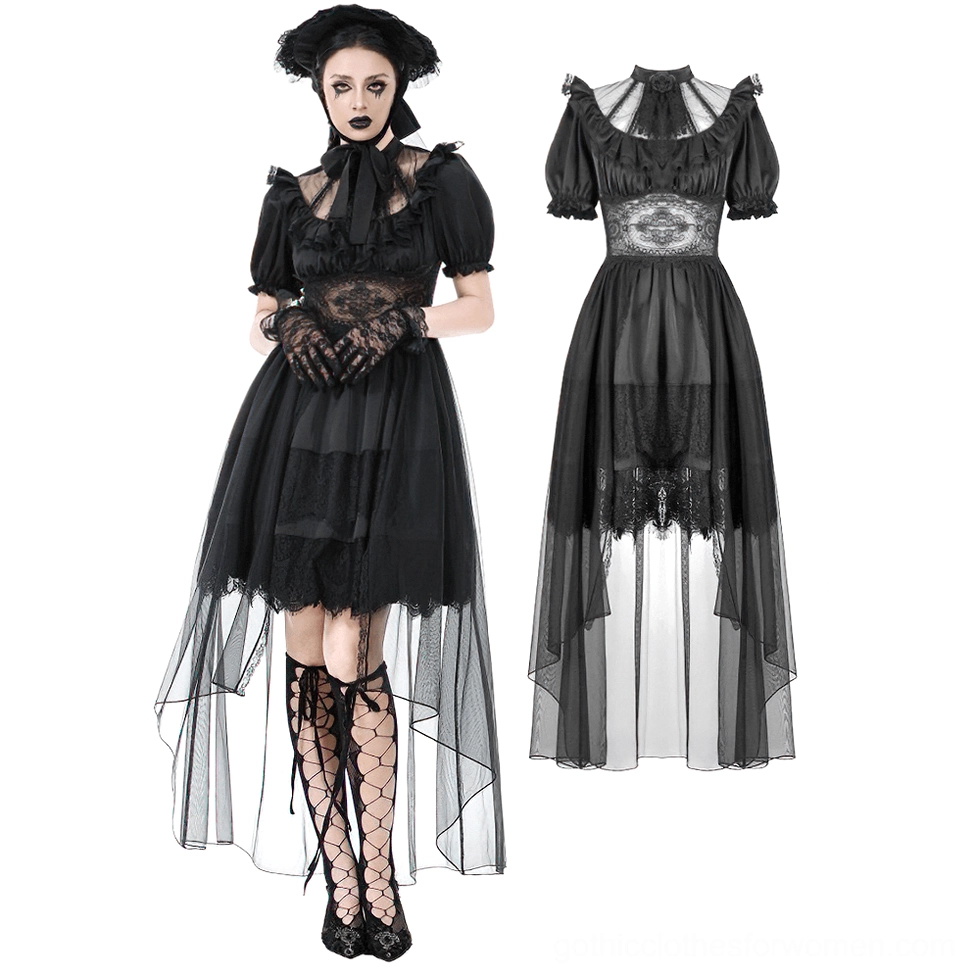 Victorian gothic dress with lace gloves and fishnet stockings styling detail