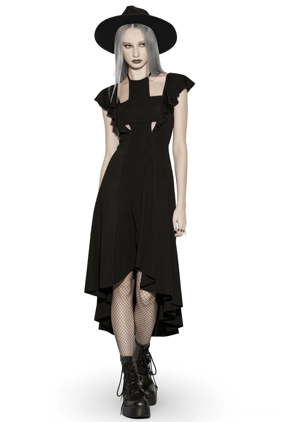 Black gothic high-low dress with lace-up back and ruffle sleeves - front view on silver-haired model in studio setting