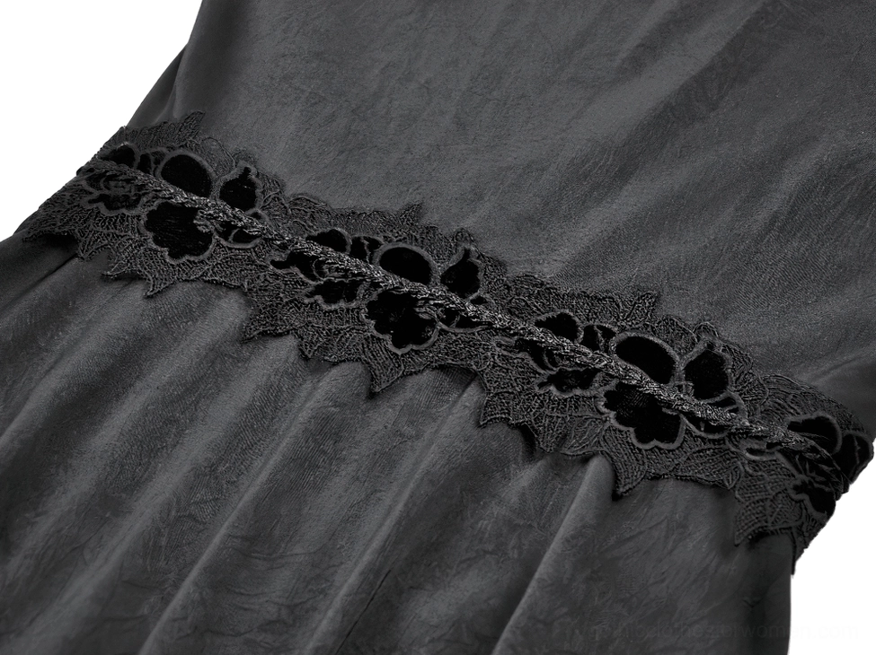 Black gothic lace high-low midi dress showing sheer lace hem asymmetrical design