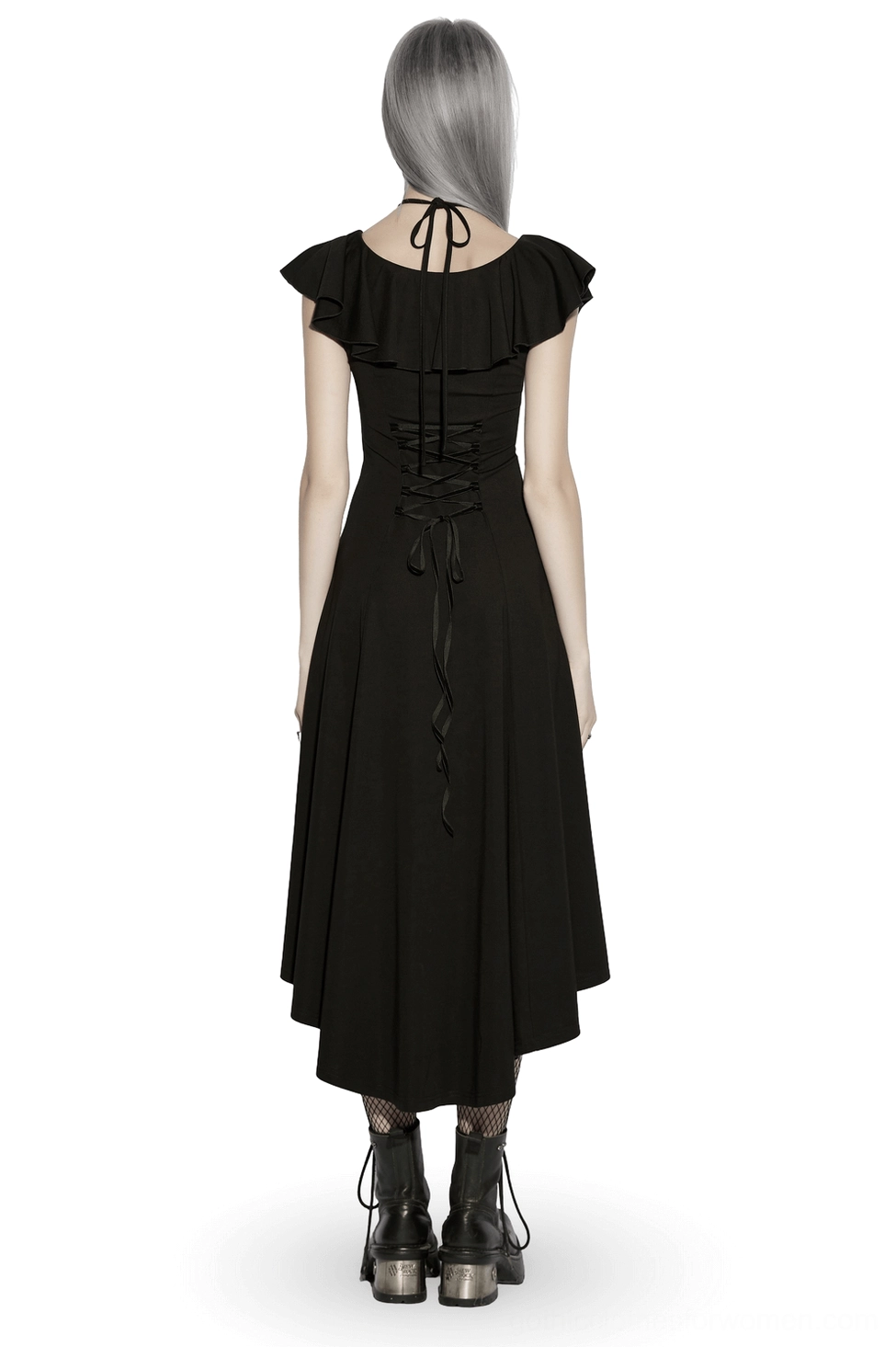 Gothic high-low dress with adjustable lace-up back and fluttering ruffle sleeves - back view on model