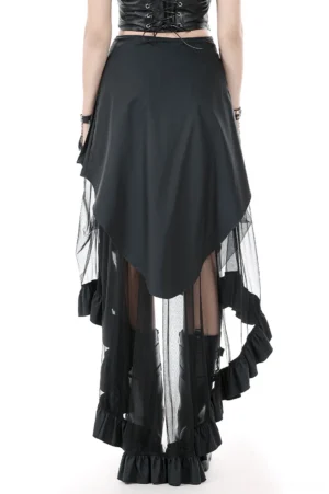 Gothic asymmetrical high-low ruffled skirt rear view showing sheer tulle overlay and black solid panel